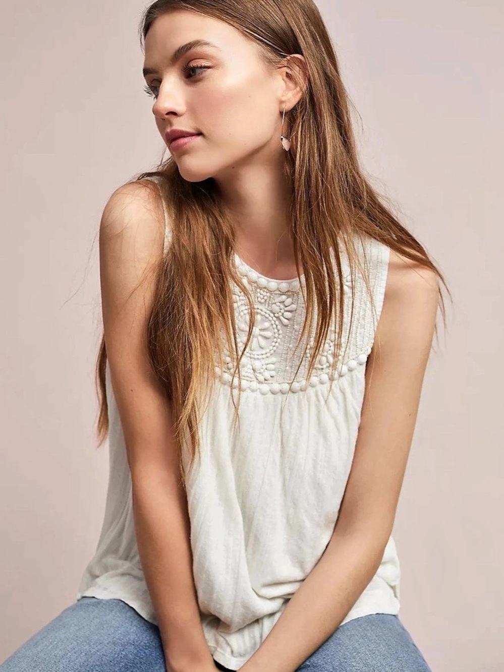 Anthropologie White Embroidered Tank Top